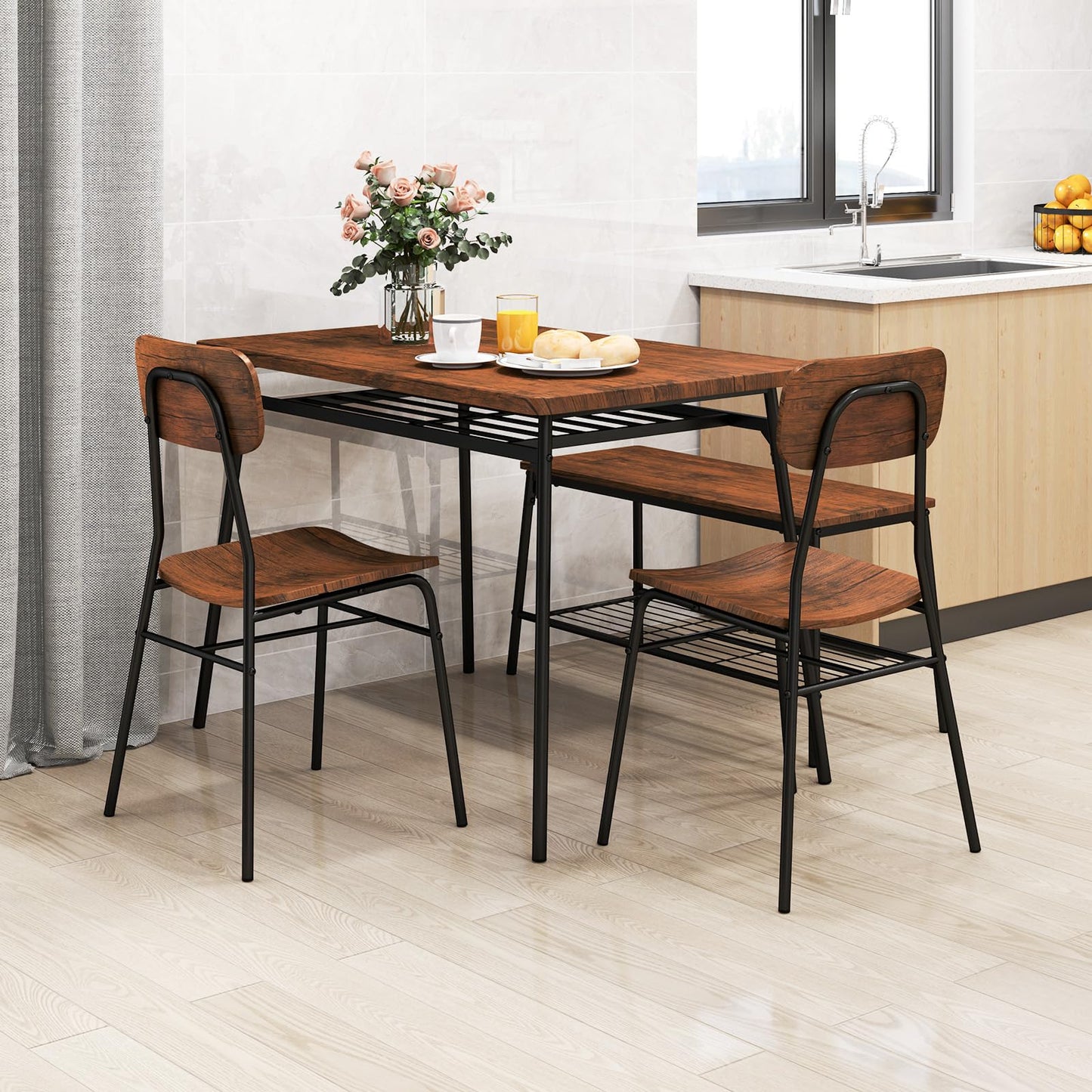 4 Piece Dining Table Set Metal with Bench and Storage Racks