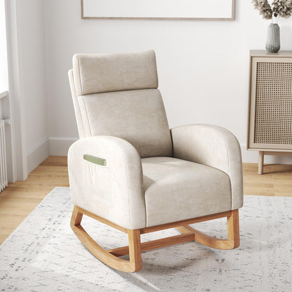 Upholstered Chenille Nursery Rocking Chair with Rubber Wood Frame