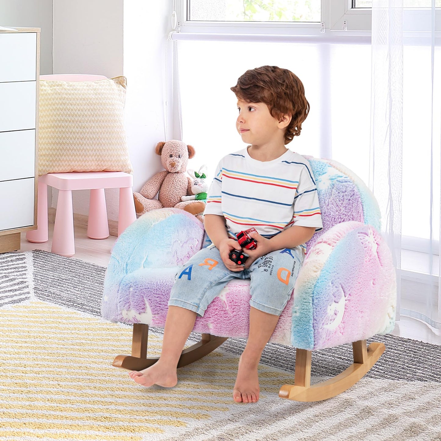Upholstered Kids Rocking Chair with Luminous Effect and Poplar Wood Rocking Feet