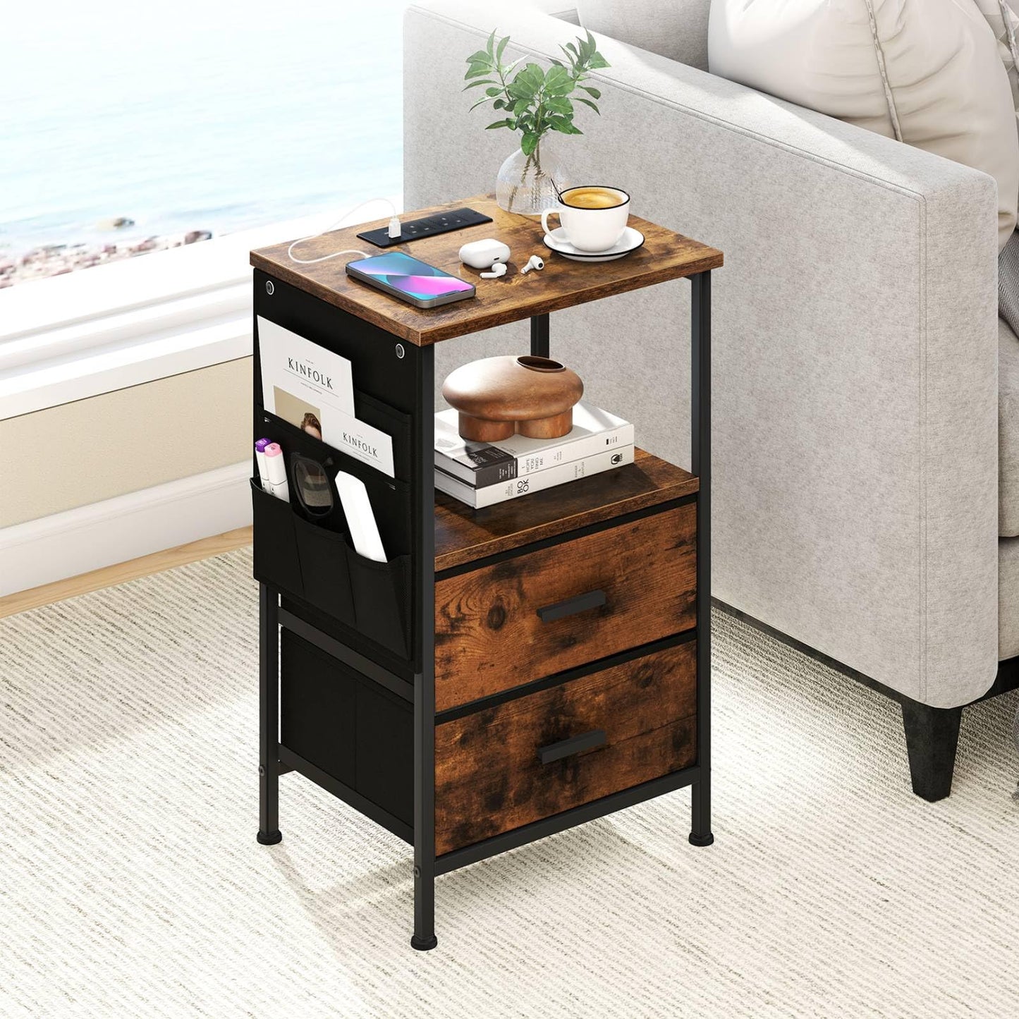 Set of 2 End Tables with Charging Station and 2 Folding Fabric Drawers