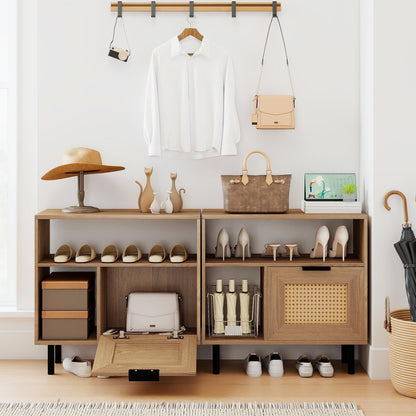 Boho Rattan Side End Table with Open Storage Shelf and Cabinet