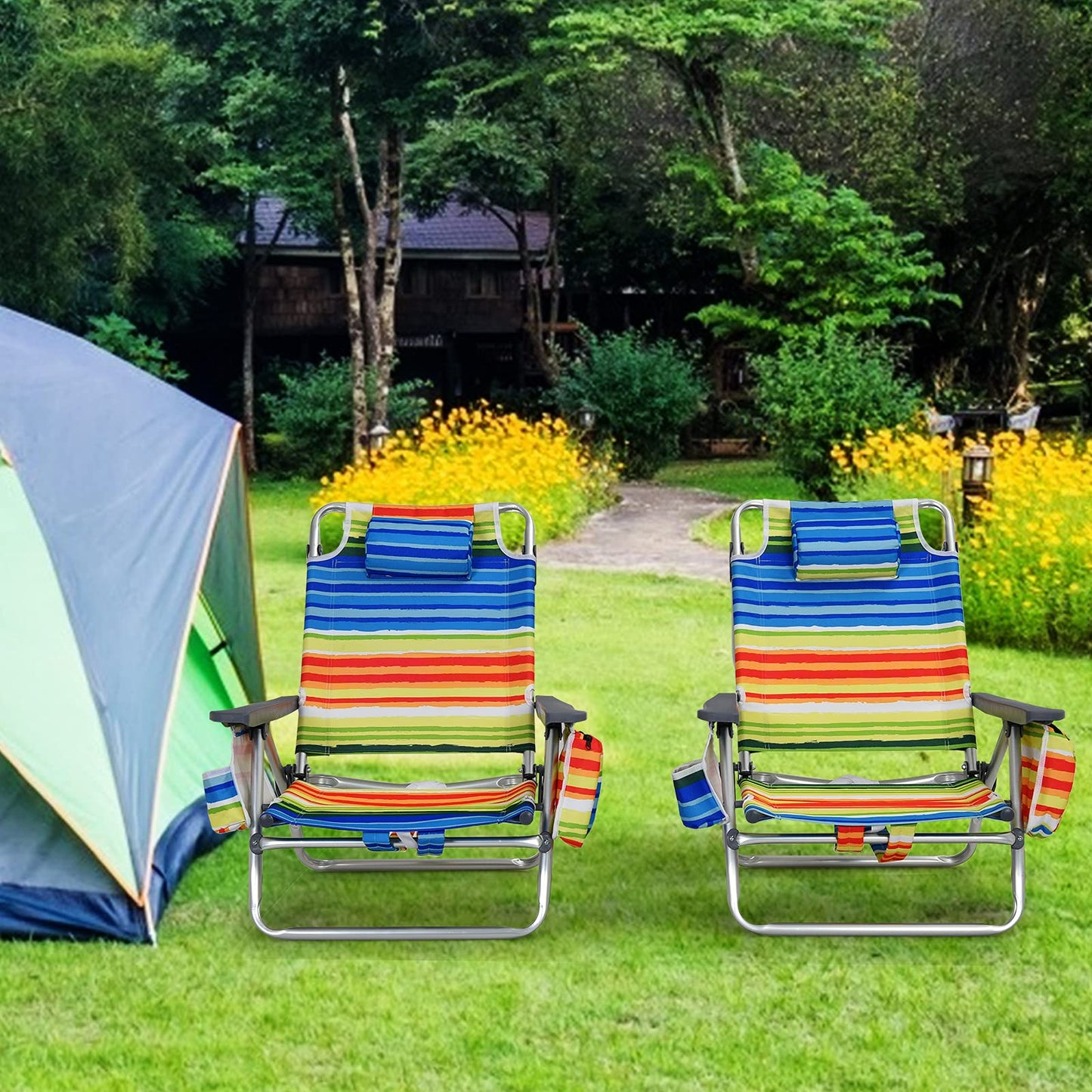 2 Pack Folding Backpack Beach Chair, 5 Adjustable Position Camping Chair
