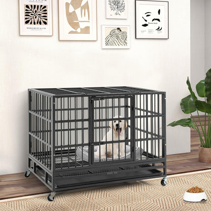 96/120cm Metal Dog Cage Foldable with Double Door and Wheels