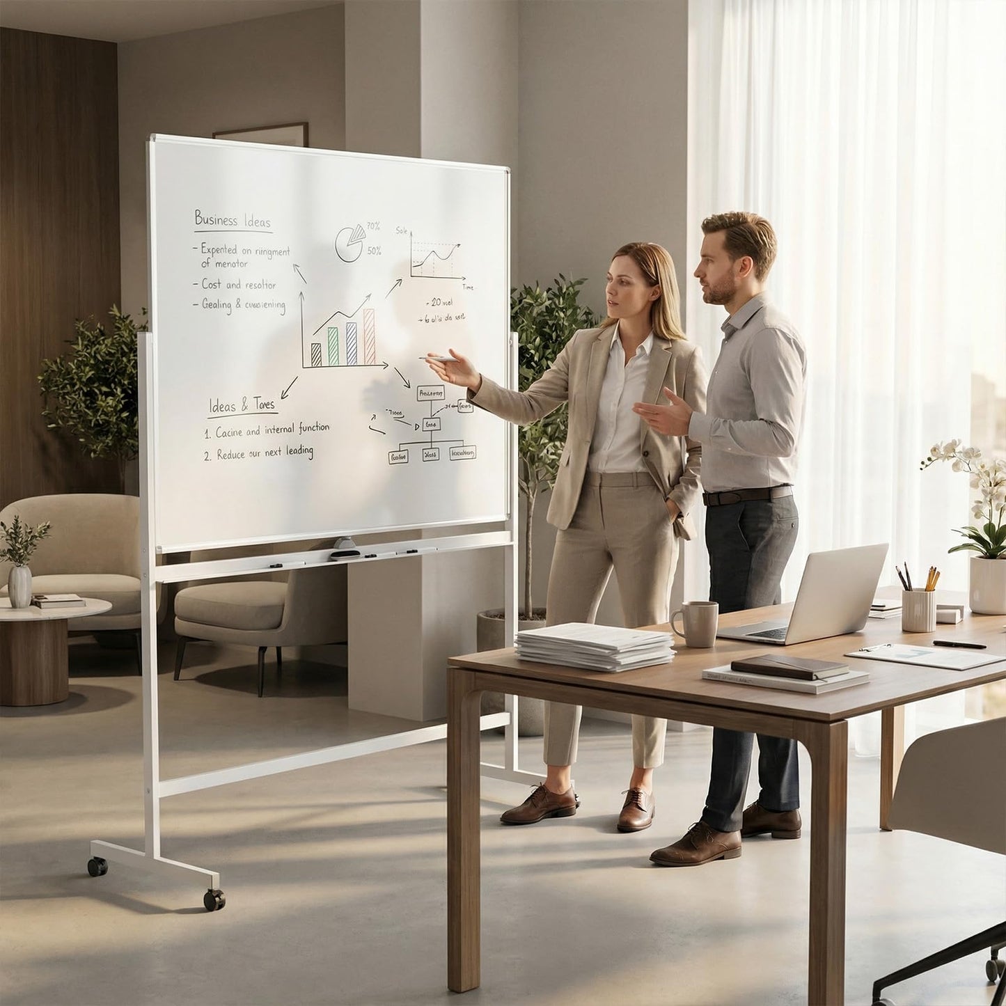 Double Sided Magnetic Whiteboard, Mobile Reversible Dry Erase Board with Black Markers
