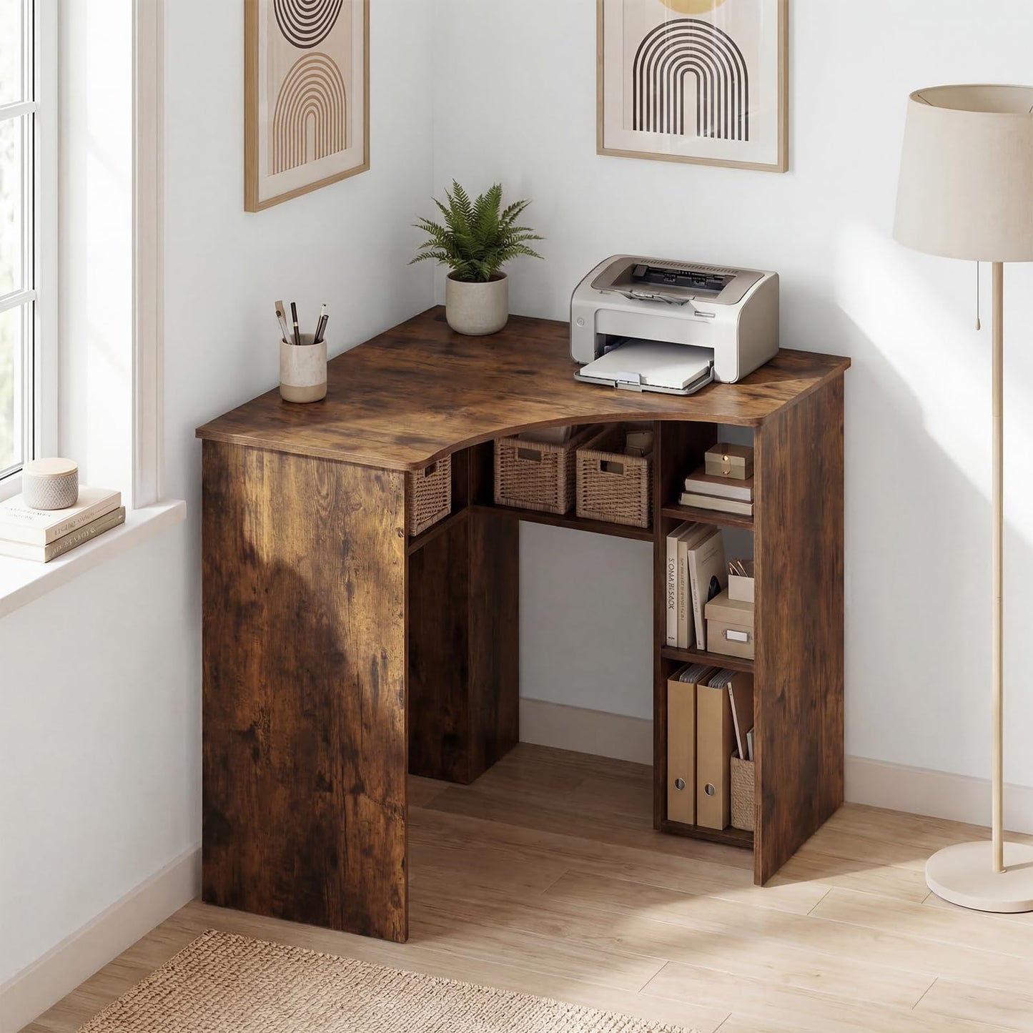 Charging Station and Storage Shelves, Space-Saving Wooden Gaming PC Laptop Table