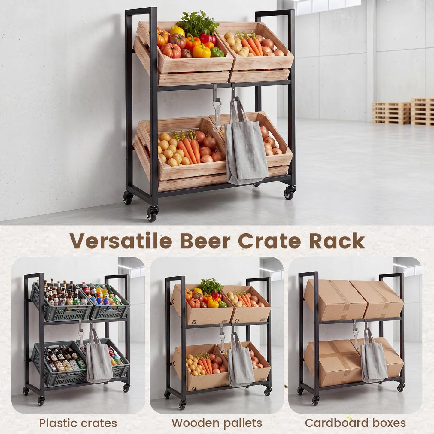 Rolling Drink Crate Rack for 4 Box, Metal Bottle Storage Shelf with 4 Wheels