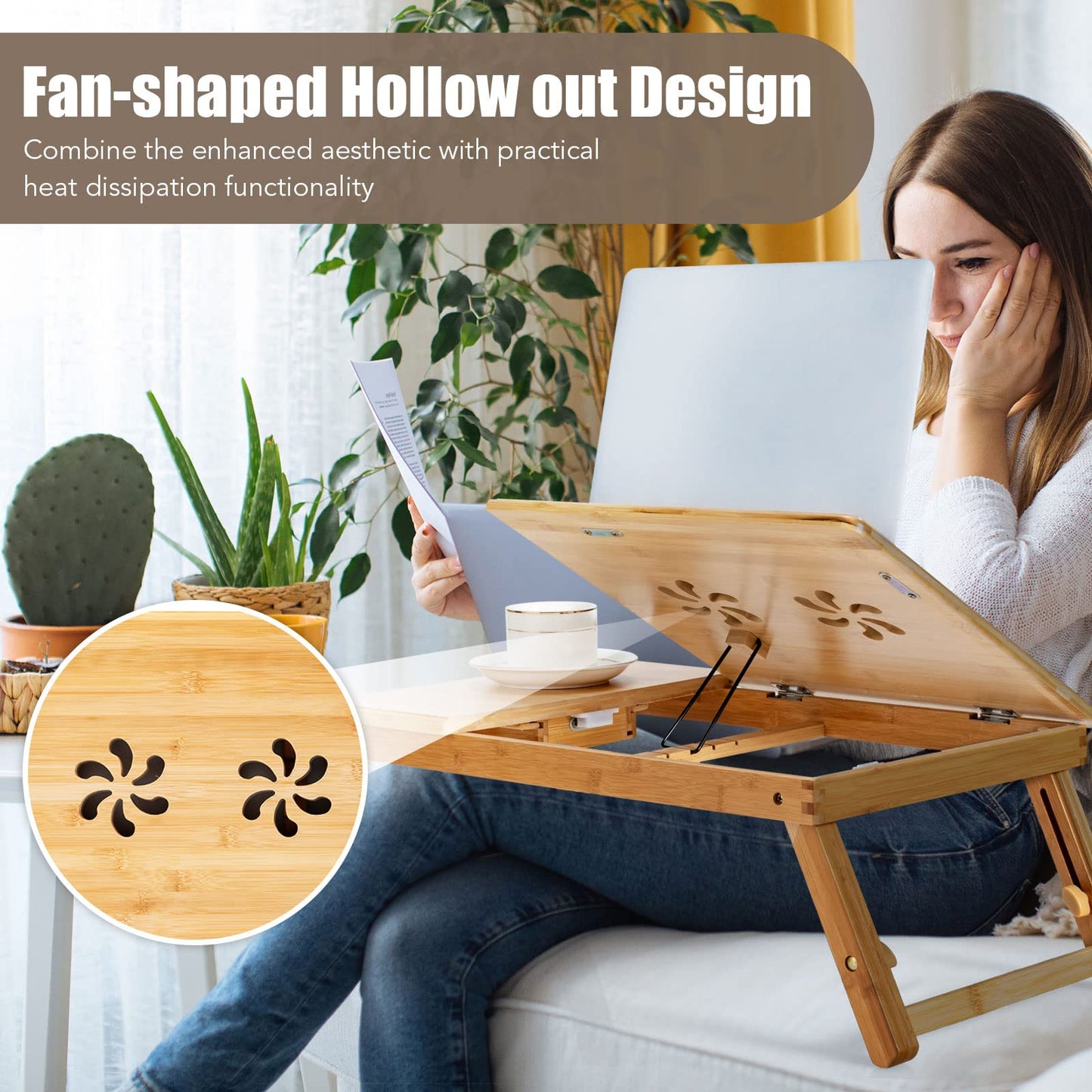 Bamboo Laptop Stand for Bed, Folding Adjustable Laptop Tray Bed Table with Tilting Top