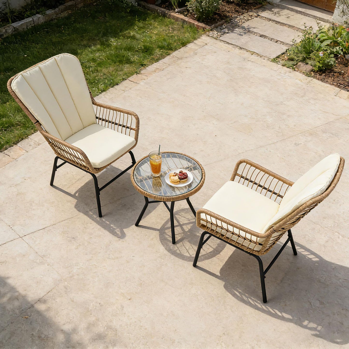 3 Pieces Patio Bistro Set Outdoor PE Wicker Conversation Set with Tempered Glass Coffee Table