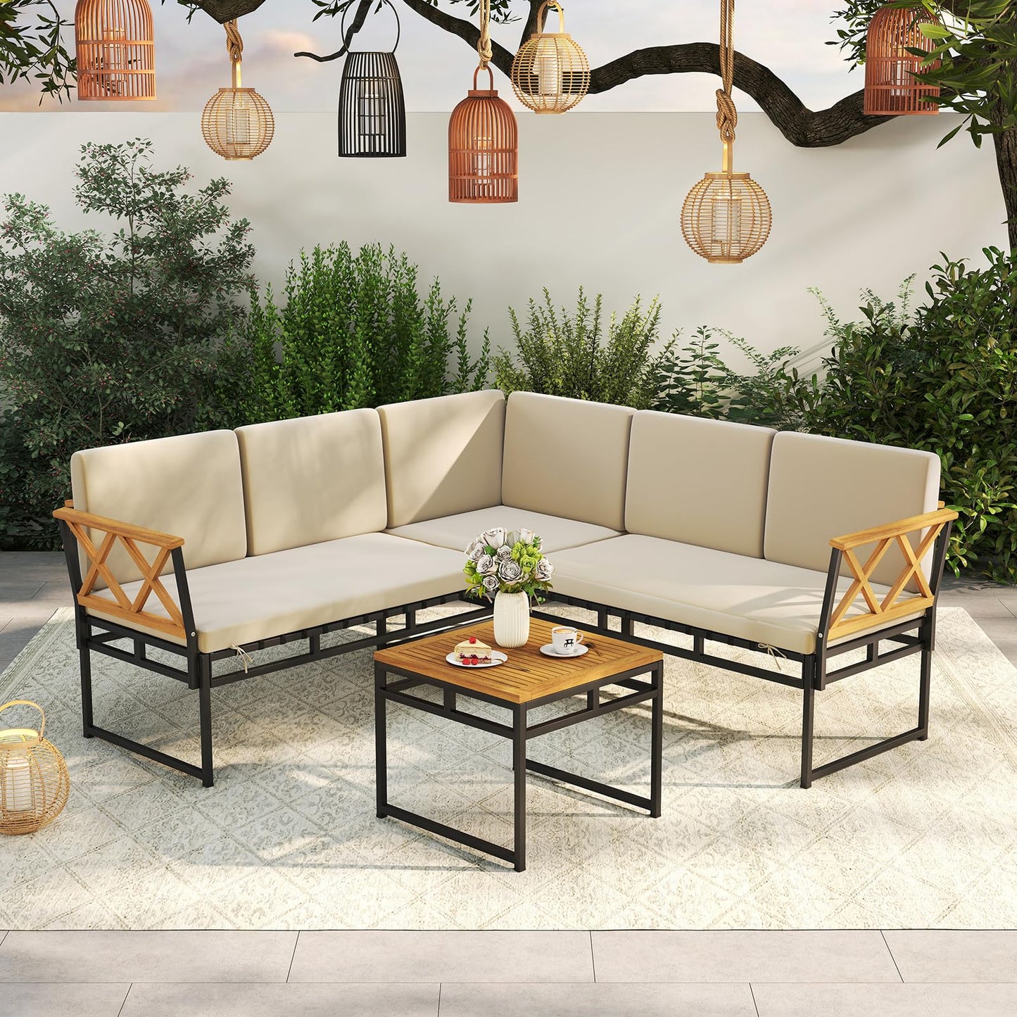 4 Piece Patio L-Shaped Sofa Set Acacia Wood Metal Sectional Sofa Set
