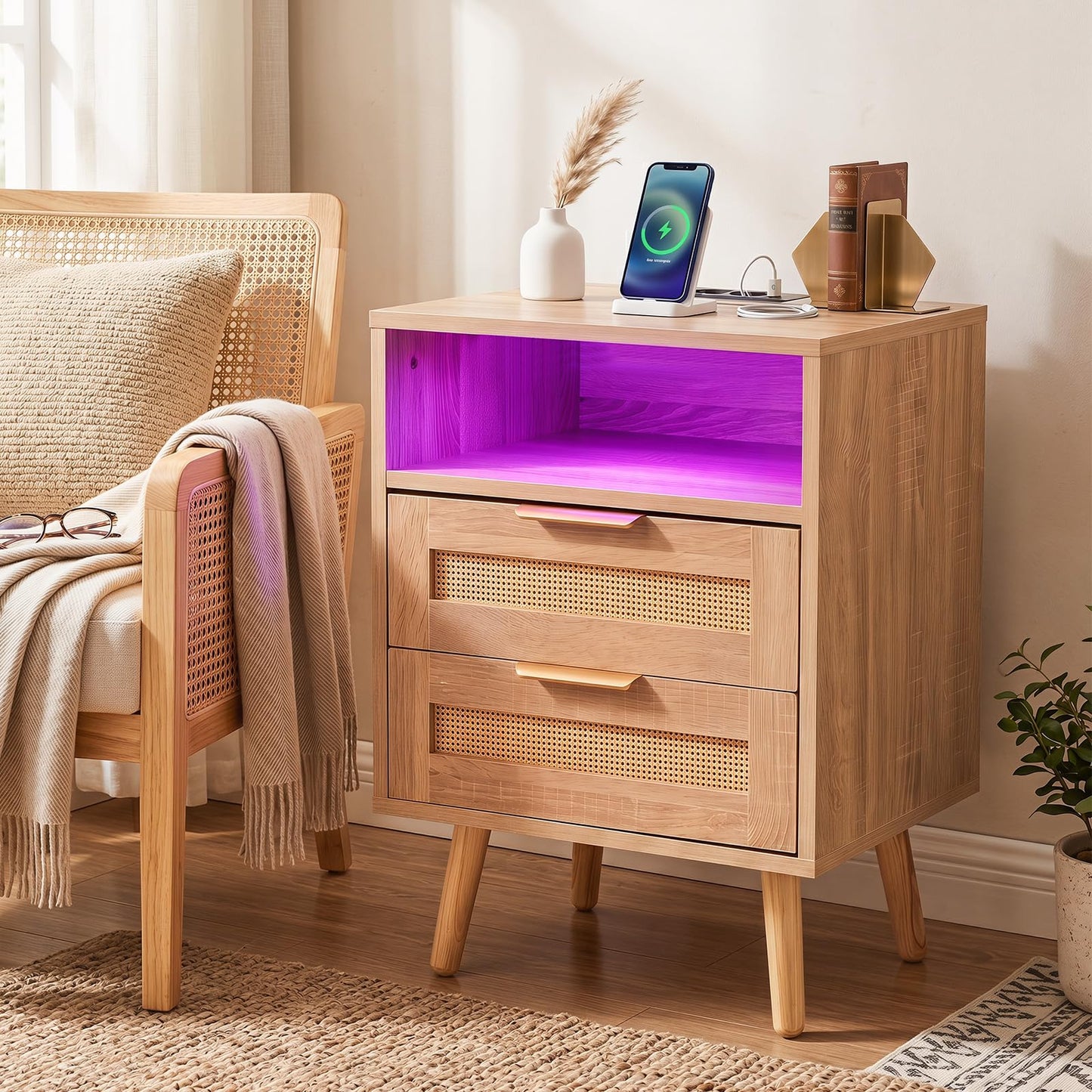 Rattan Bedside Table with Charging Station and LED Lights