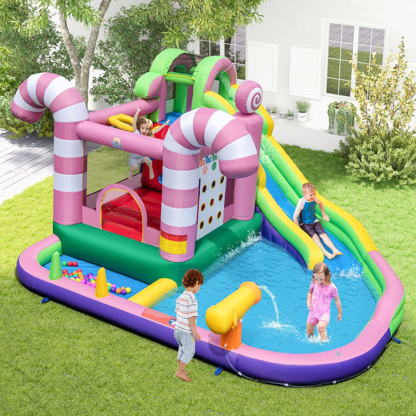 Kids Inflatable Water Park with Slide Blow up Bouncy Castle House for Summer Outdoor Play