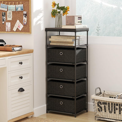 4 Drawer Fabric Dresser Tower with Wood Top and Open Shelf
