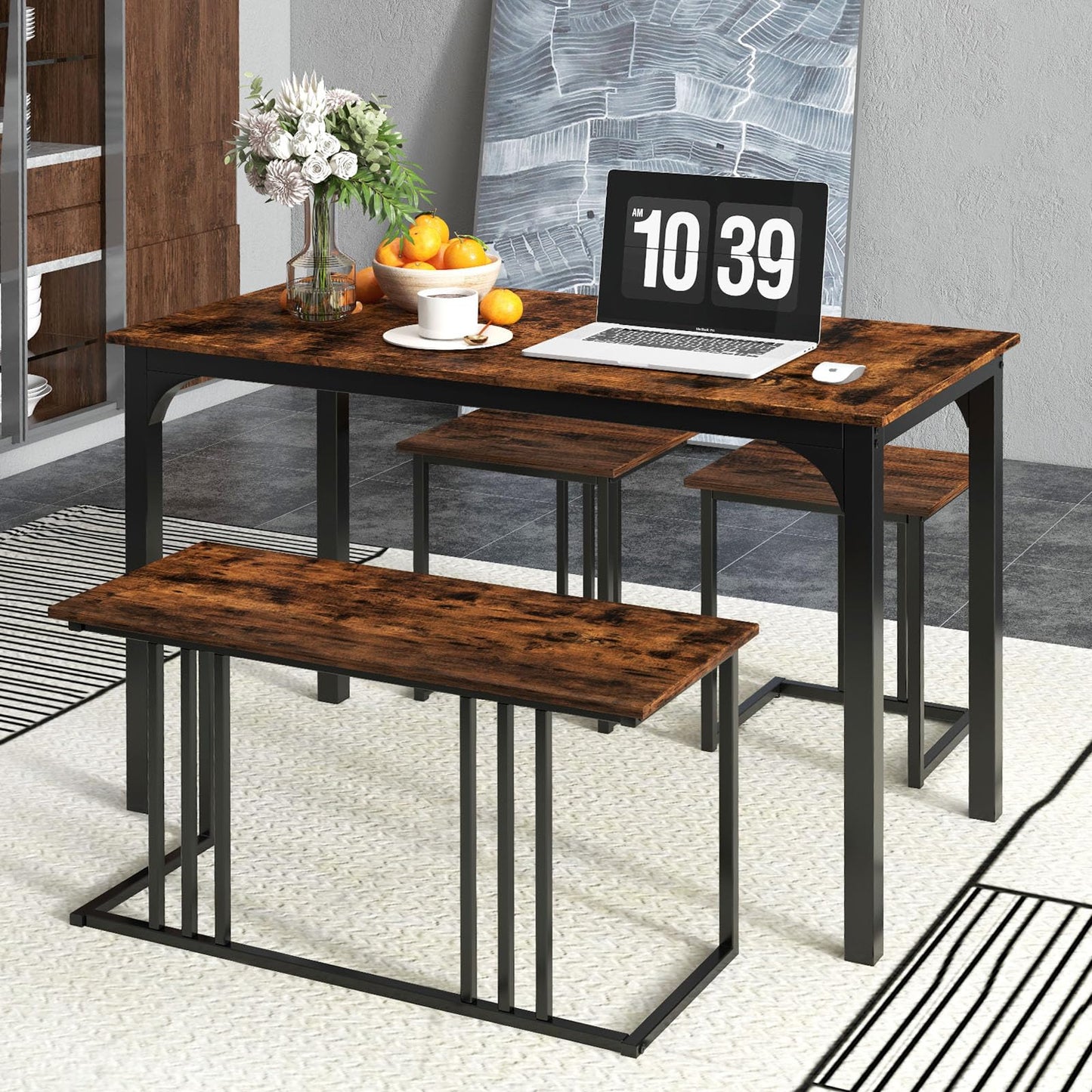 Metal Frame Dining Table and 2 Stool Set with 1 Bench