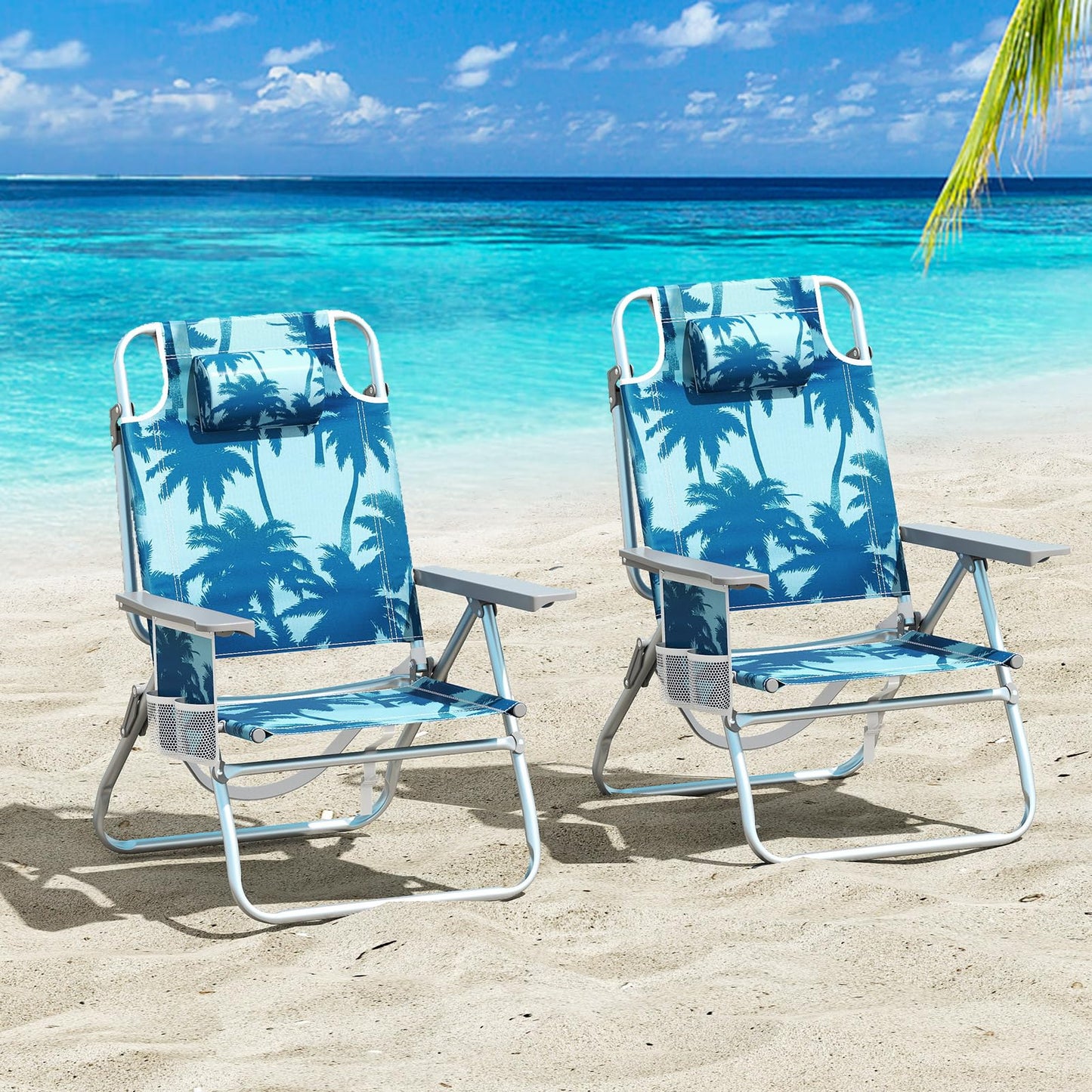2-Pack Beach Chairs 5-Position Adjustable Folding Chair with Towel Bar