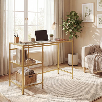 Tempered Glass Computer Desk Modern Office Desk with Open Storage Shelves
