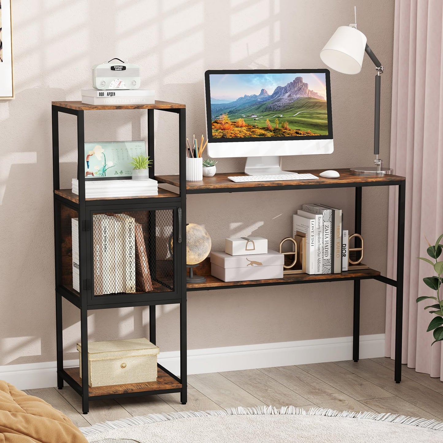 Computer Desk, 2-in-1 Workstation PC Laptop Table with Storage Bookshelf