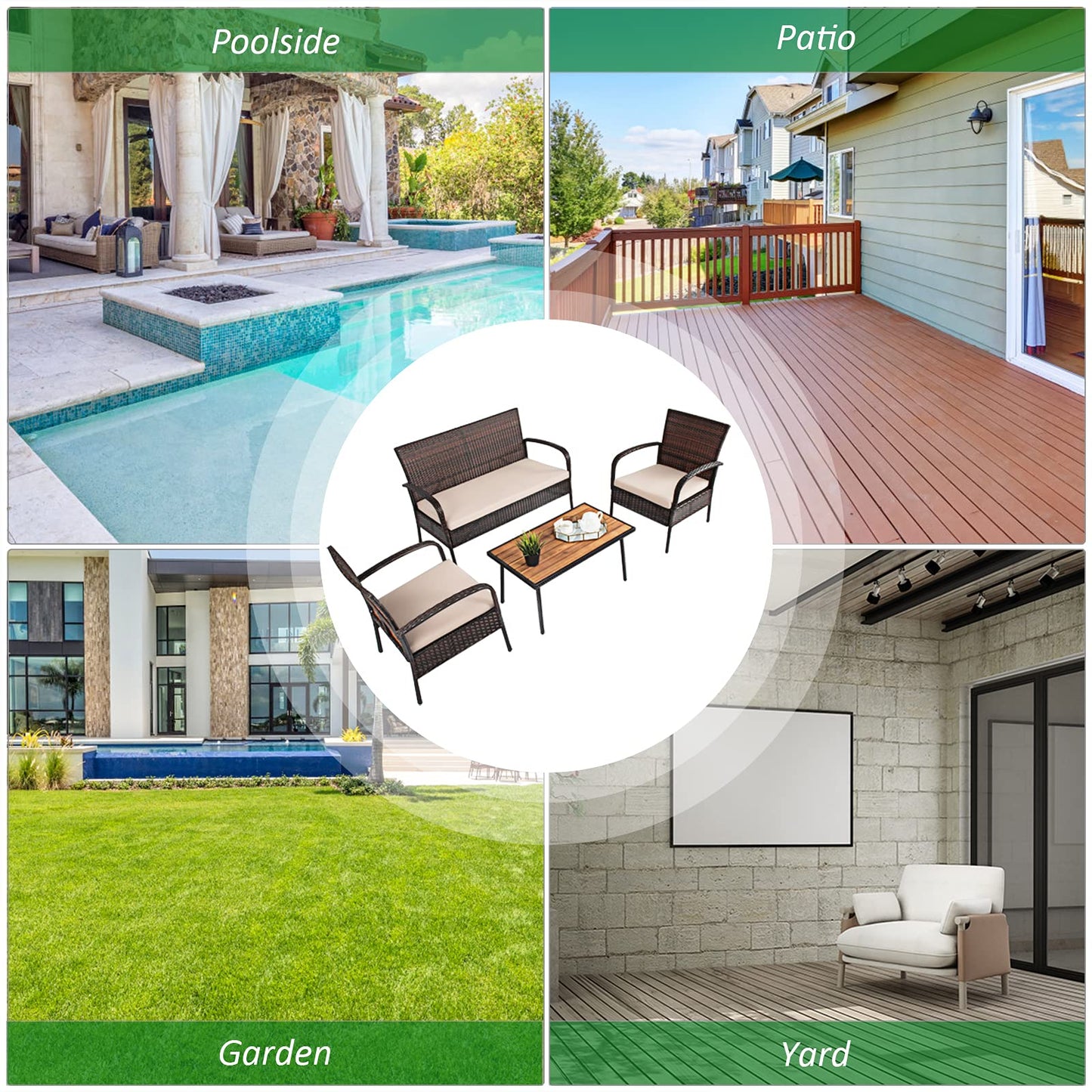 Giantex Garden Furniture Set 4 Piece Patio Conversation Set with Loveseat Coffee Table and 2 Armchairs
