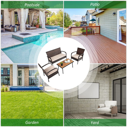 Giantex Garden Furniture Set 4 Piece Patio Conversation Set with Loveseat Coffee Table and 2 Armchairs