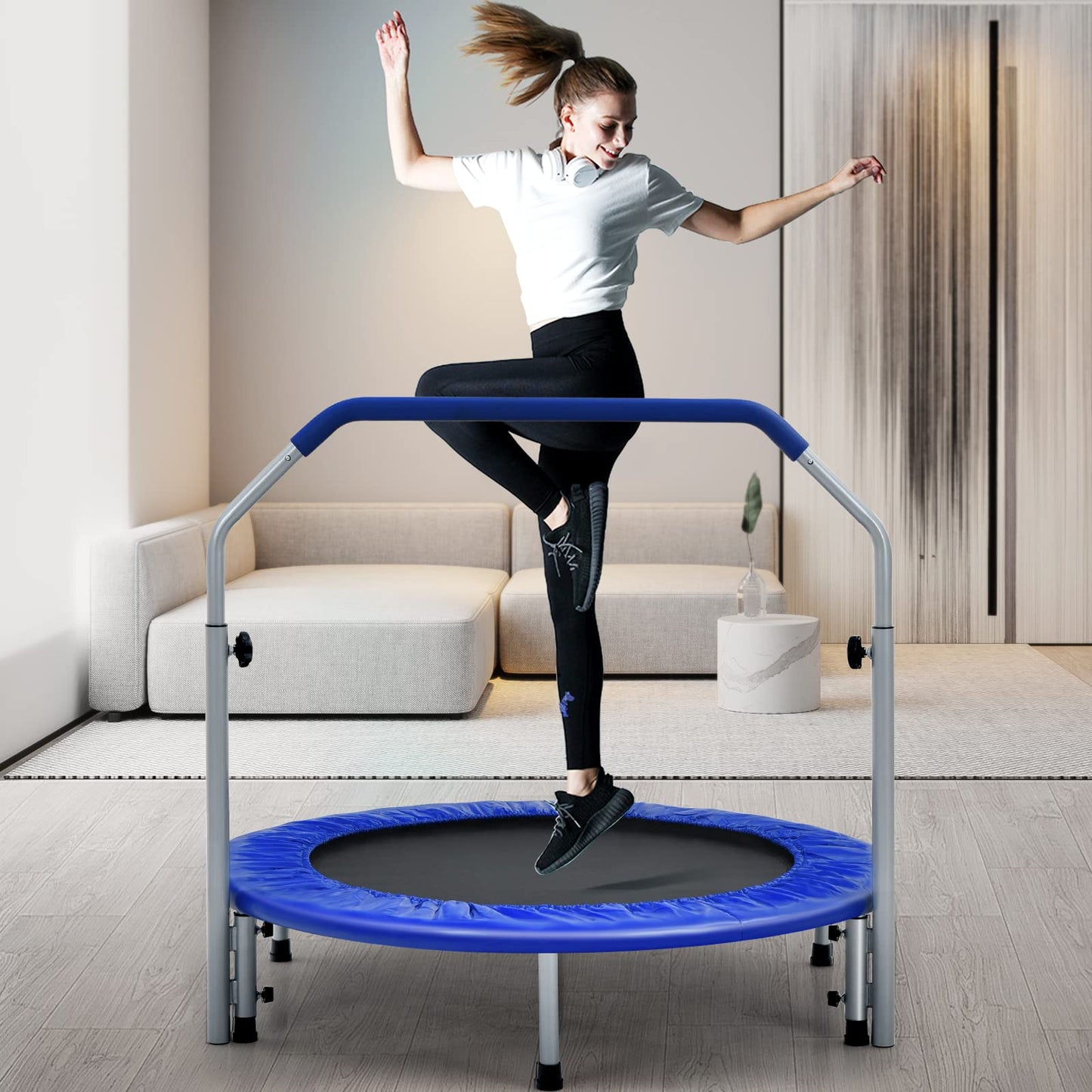 Foldable Fitness Bouncer with 4 Level Adjustable Foam Handle and Safety Padded Cover