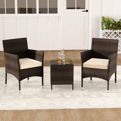 3 Pieces Patio Rattan Furniture Set with Soft Cushions and Glass Top Table
