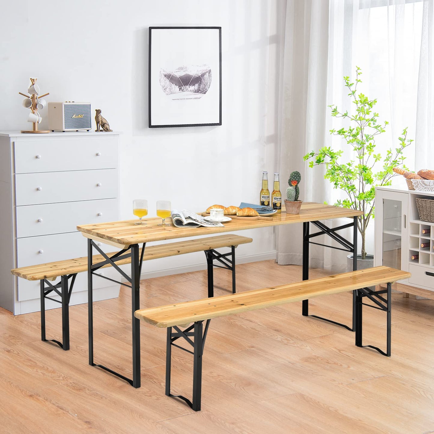 3 Pieces Folding Picnic Table and Bench Set Wooden Beer Table Set