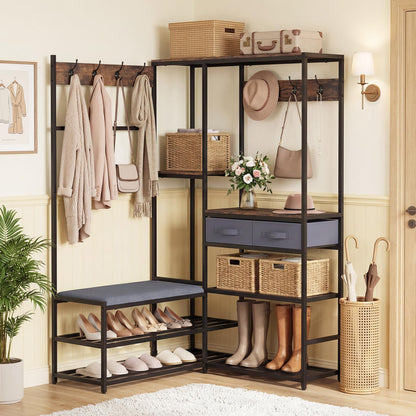 Corner Hall Tree, Coat Rack Stand with Shoe Storage Bench, Shelves