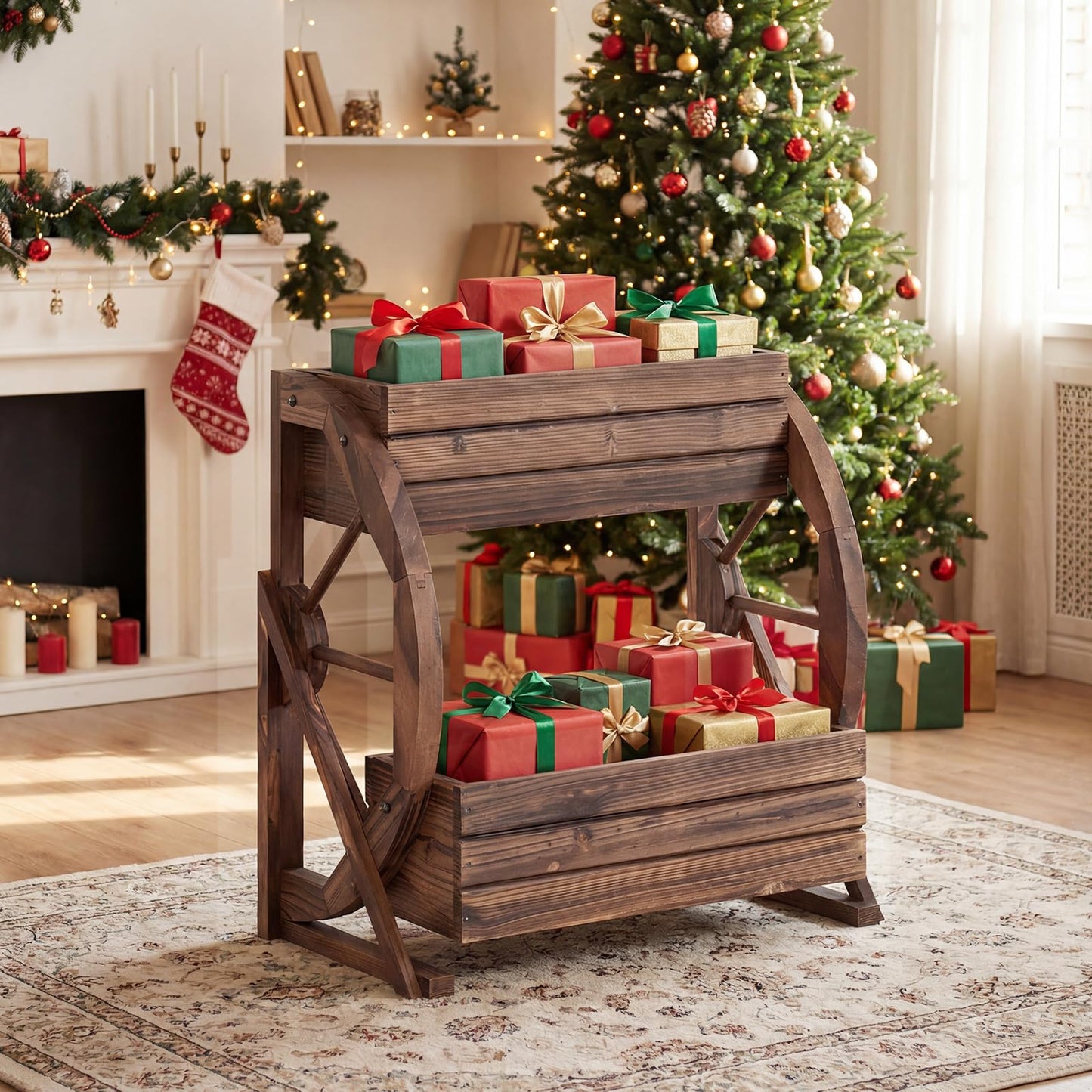 Wood Wagon Planter Box, 2-Tier Rustic Raised Garden Bed with Drainage Holes