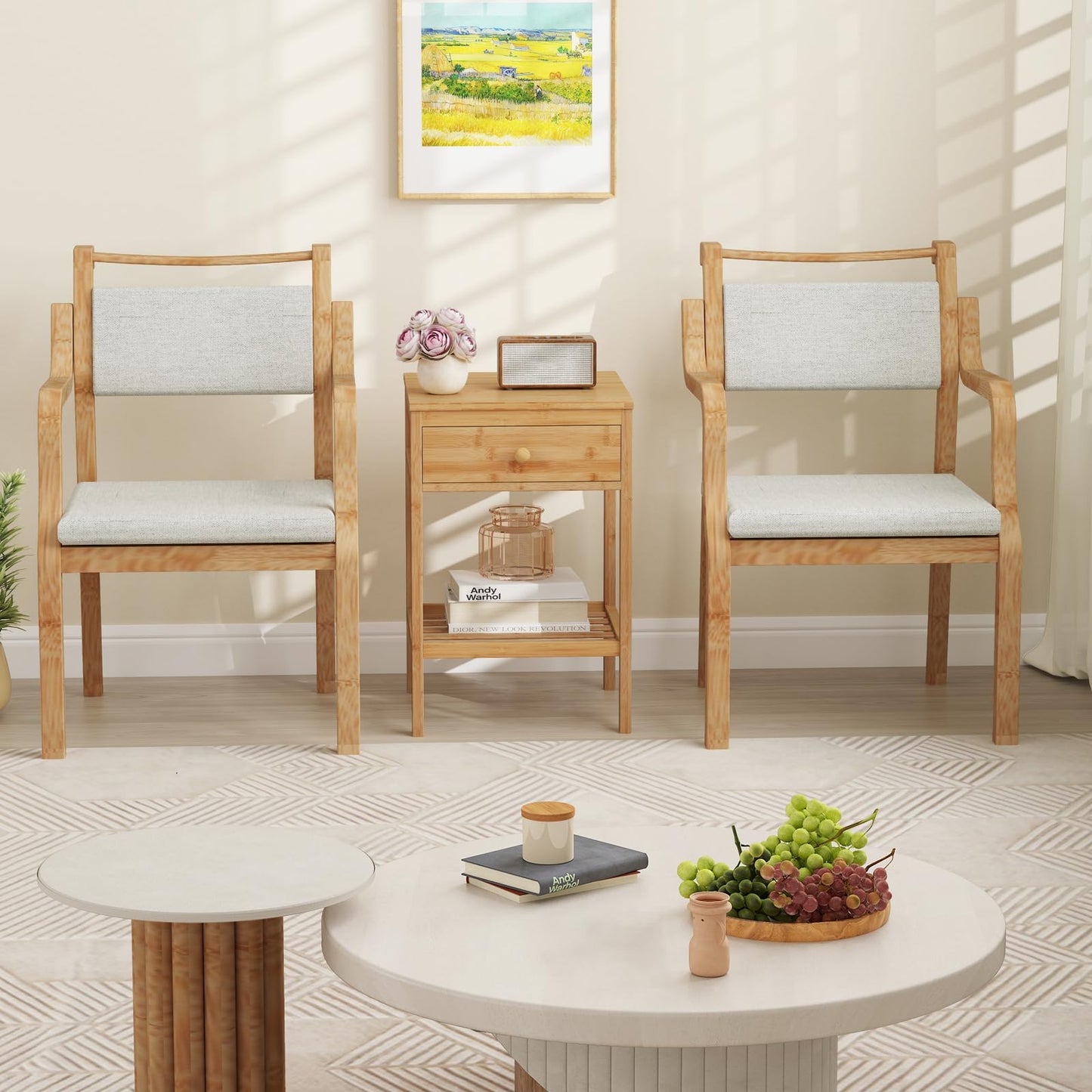 Bamboo Nightstand Sofa Side End Table with Drawer and Open Storage Shelf