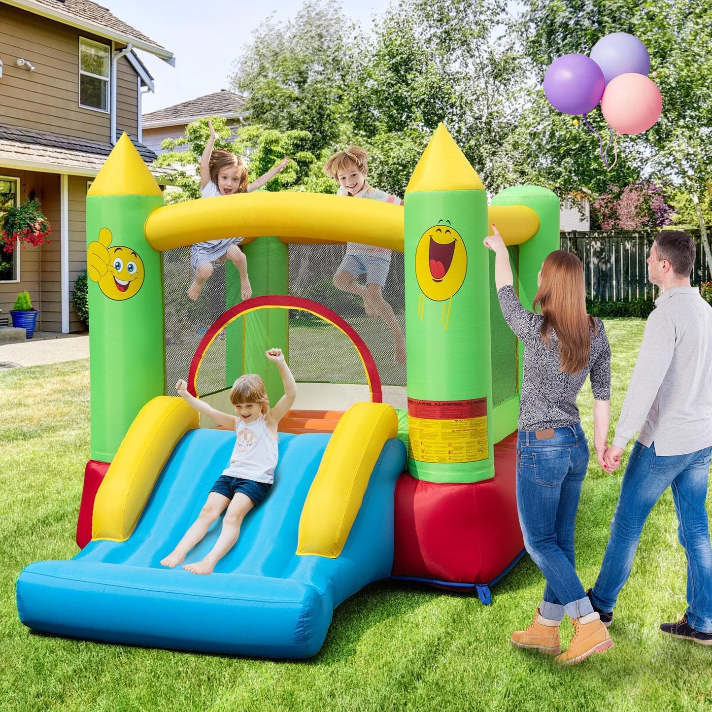 Kids Smiley Face Theme Inflatable Bounce House with Slide and Basketball Hoop (without Blower)