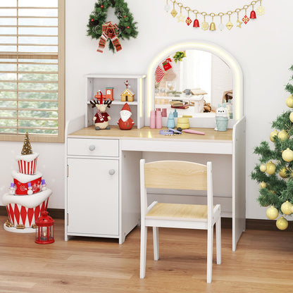 Kids Vanity Table and Stool Set with 2-Color LED Lights Mirror