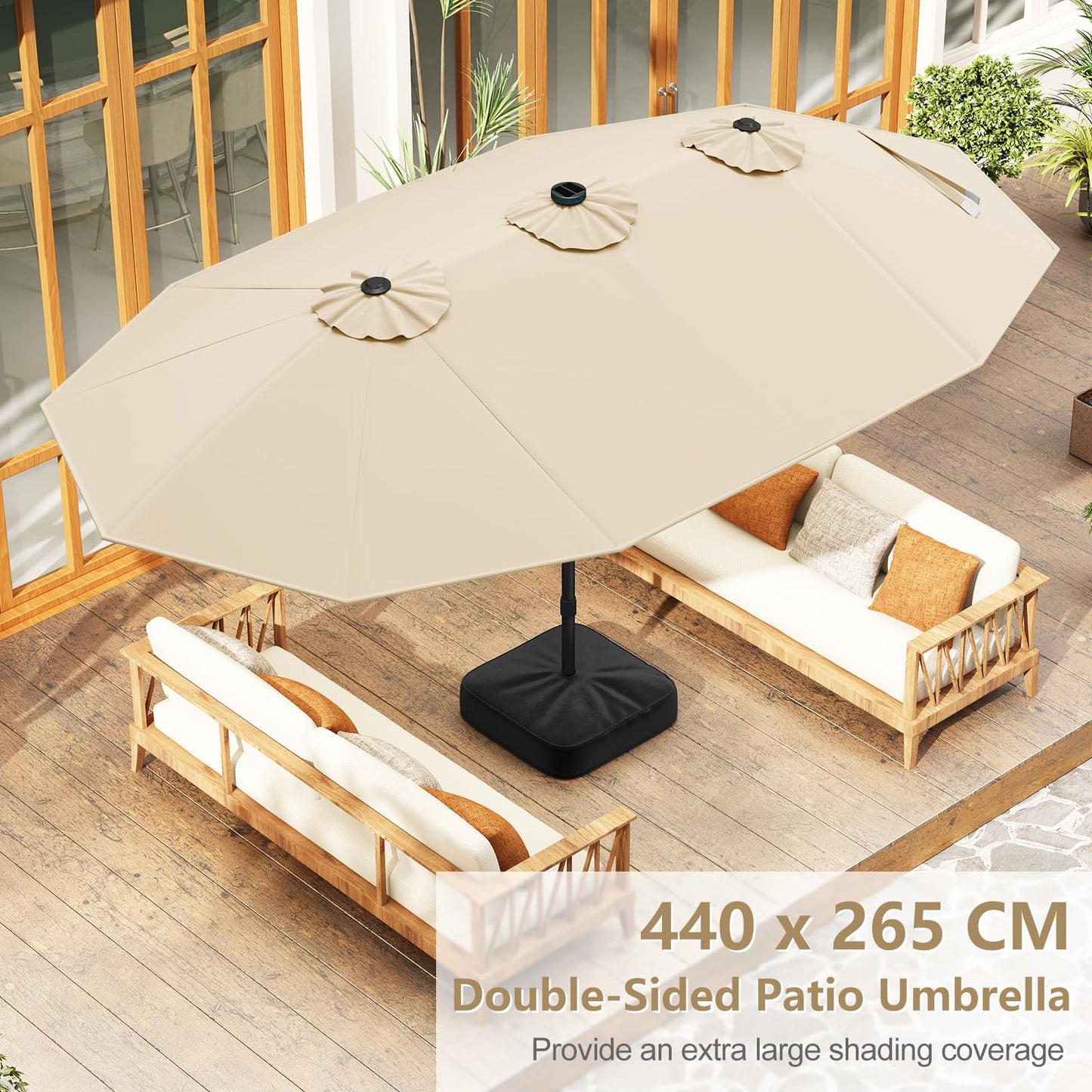 Double-Side Garden Parasol, Sun Shade Umbrella with Solar Powered LED Lights, Base & Crank System