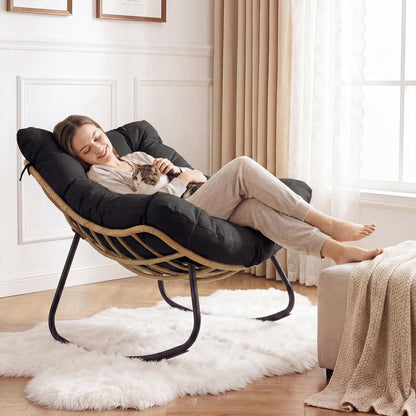 Outdoor Rocking Chair, Oversized Patio Wicker Egg Chair with Thick and Removable Cushion