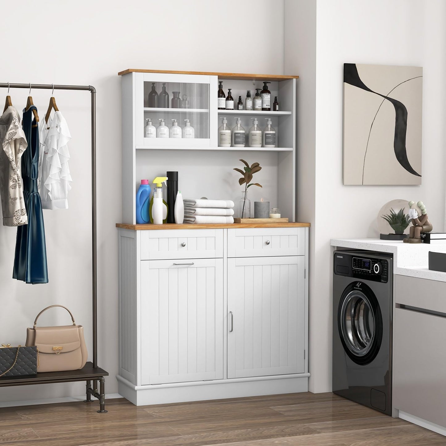 GiantexUK Tilt Out Trash Bin Cabinet, Wooden Tall Kitchen Cupboard