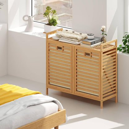 75L Double Tilt-out Laundry Hamper Bamboo with 2 Removable Bins