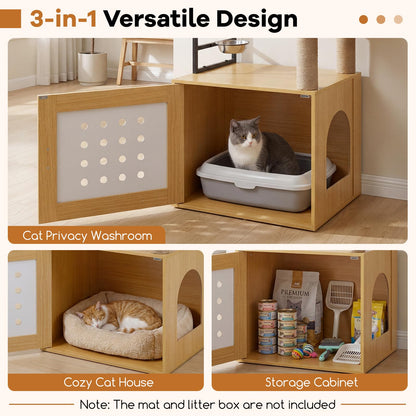 117.5 cm Modern Cat Tower Cabinet with Sisal Scratching Posts and Hanging Ball