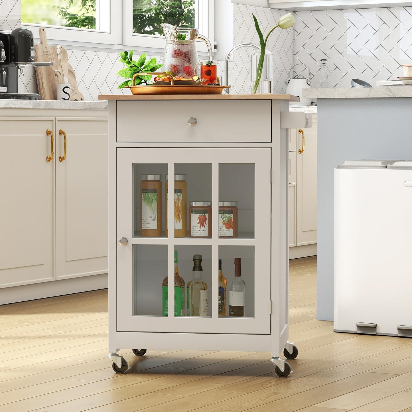 65 CM Kitchen Island Cart Rolling Kitchen Cabinet with Rubber Wood Tabletop