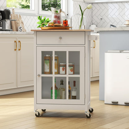 65 CM Kitchen Island Cart Rolling Kitchen Cabinet with Rubber Wood Tabletop