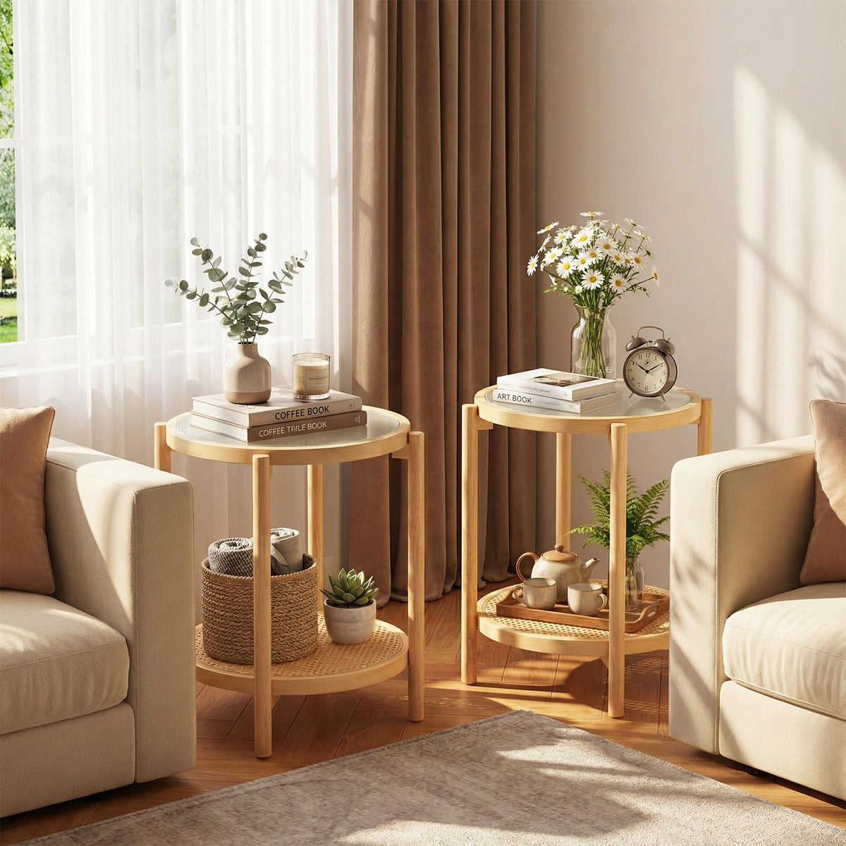 2-Tier Boho End Table with Tempered Glass Top for Living Room
