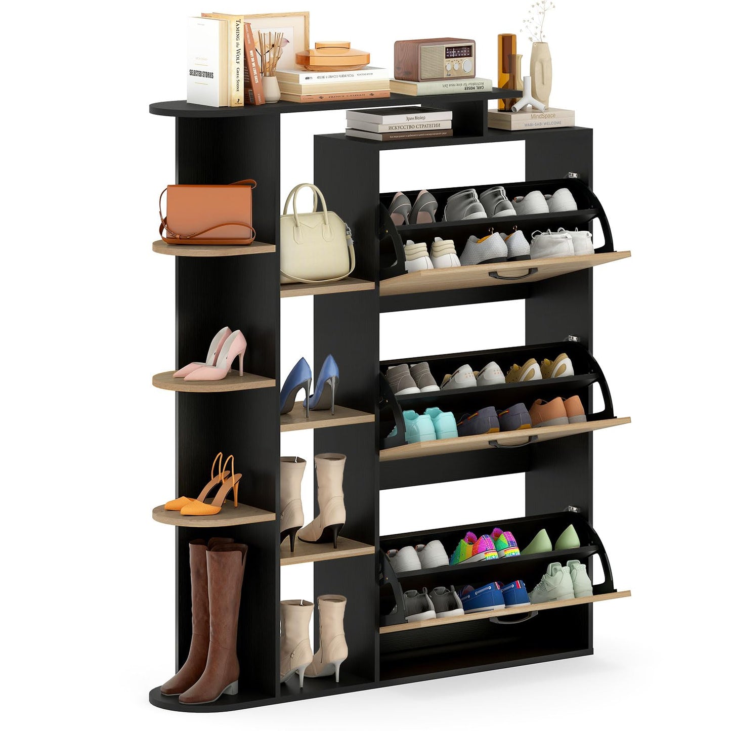 Slim Shoe Cabinet with 3 Flip Drawers, Open Shelves