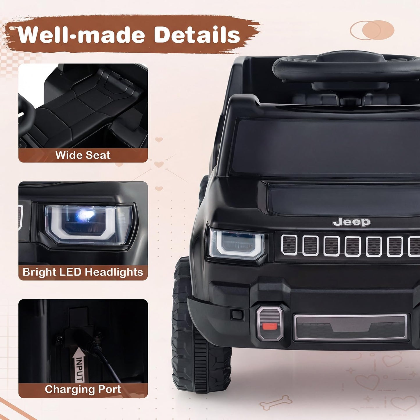 12V Kids Ride on Car, Licensed Jeep Electric Vehicle with LED Lights