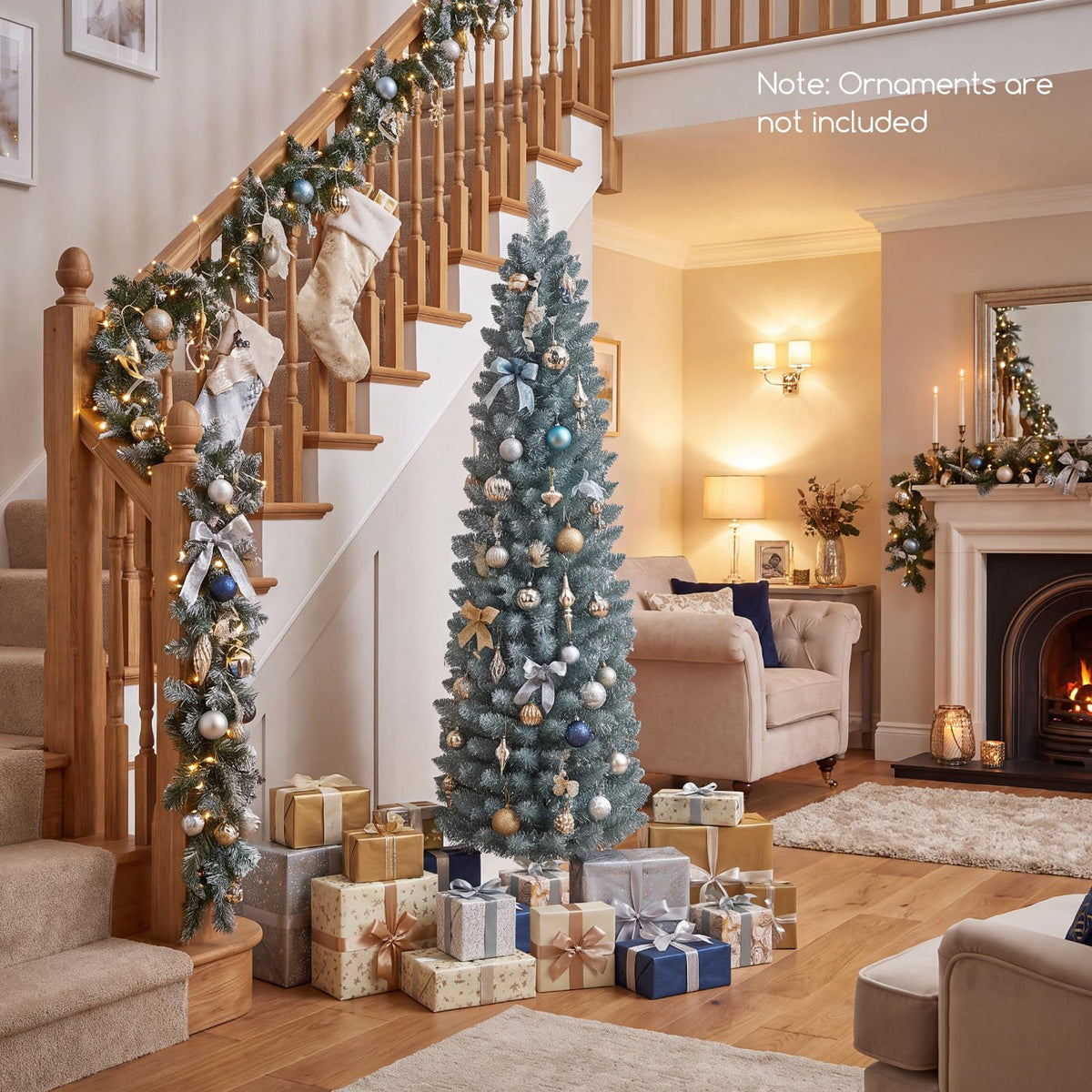 5FT/6FT/7FT Green Pencil Slim Christmas Tree, Traditional Artificial Pine Xmas Tree