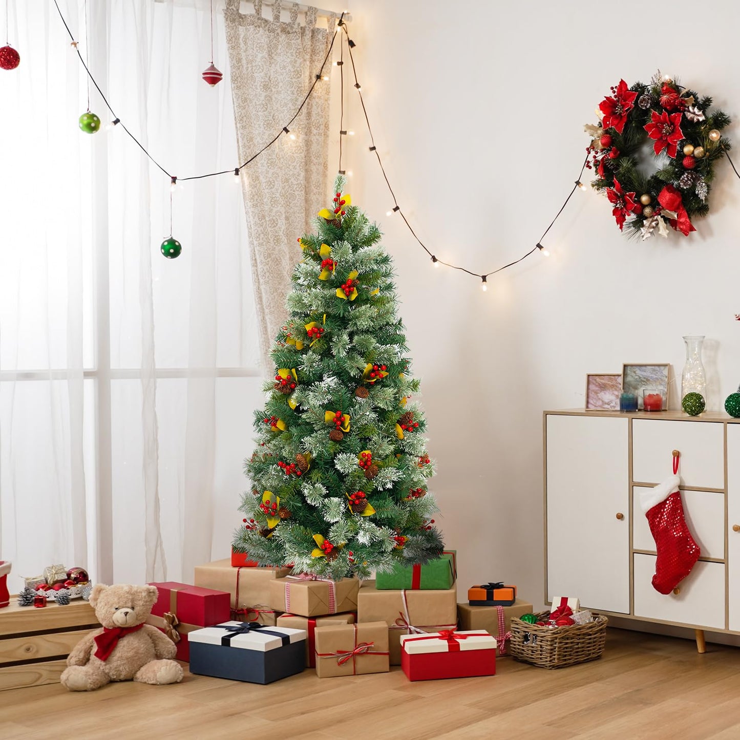 Pre-Lit Artificial Christmas Tree with 453 PVC and 230 Warm White LED Lights