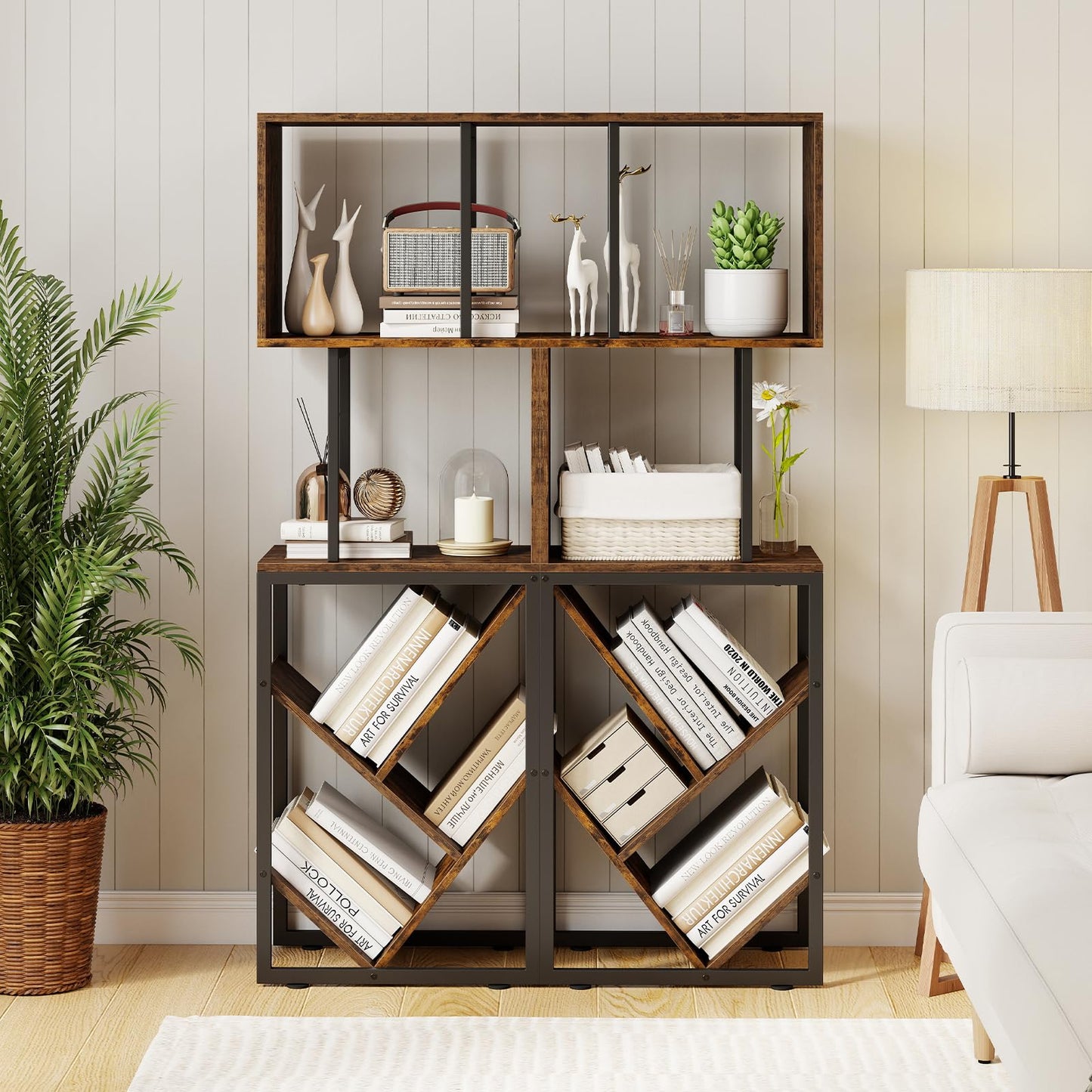 6-Tier Bookshelf, Industrial S-Shaped Geometric Bookcase