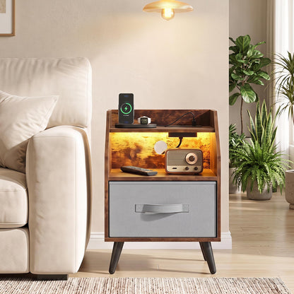 Bedside Table with Charging Station and LED Lights