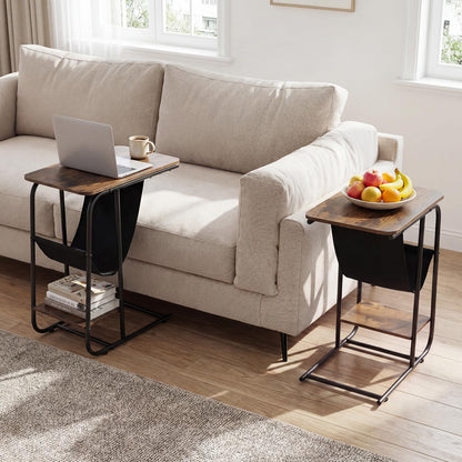 C-Shaped Side Table, Industrial Sofa End Table with Magazine Holder