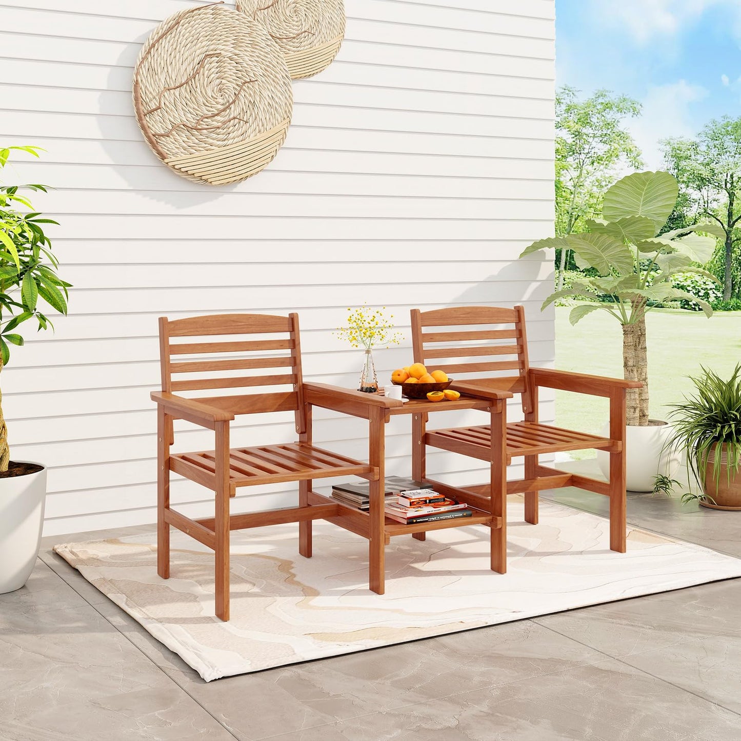 2-Seater Wooden Bench Seat with 2 Tier Coffee Table and Umbrella Hole