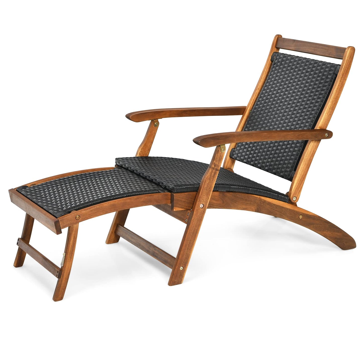 Acacia Wood Rattan Deck Chair with Retractable Footrest