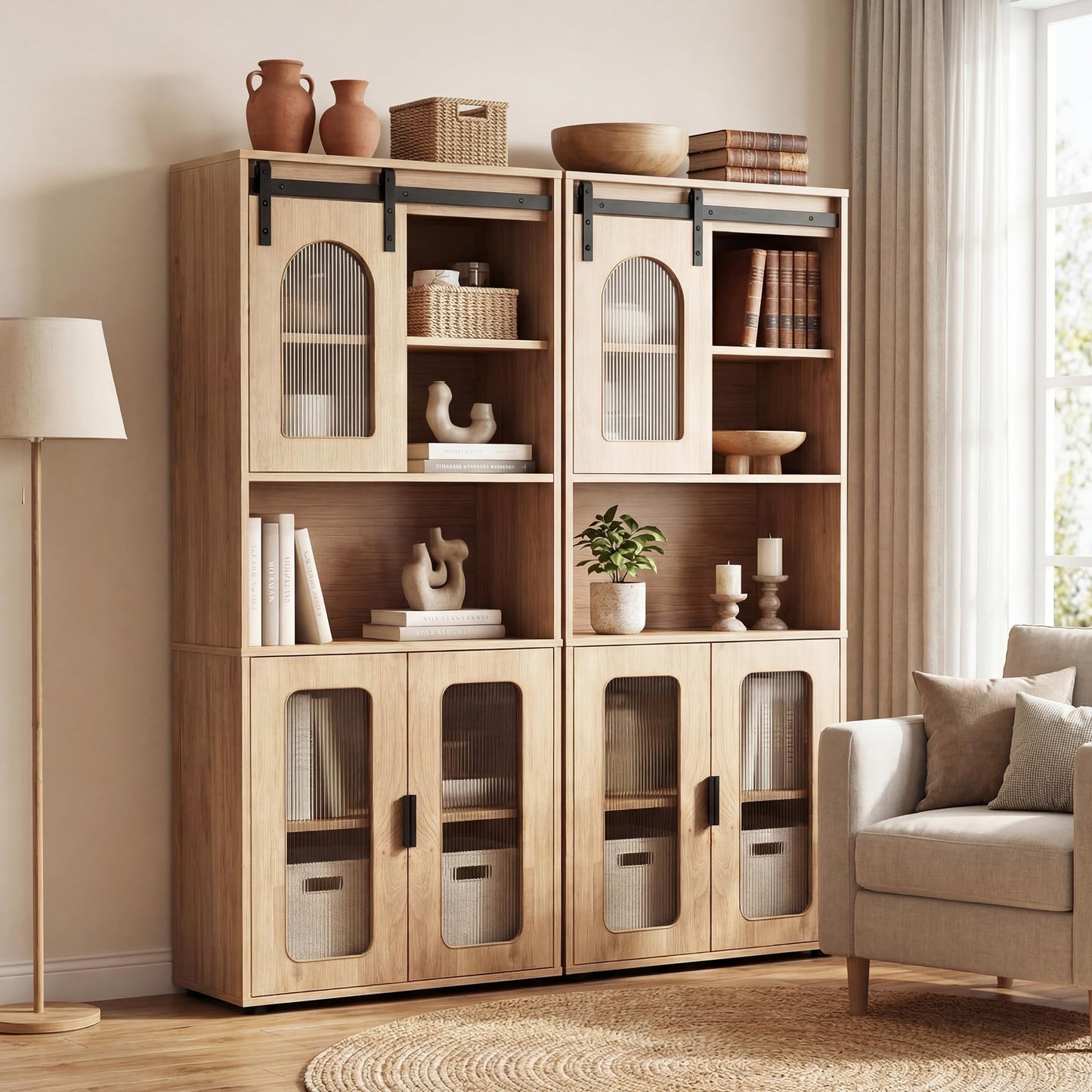 Bathroom Floor Cabinet with Shelves and Sliding Barn Door