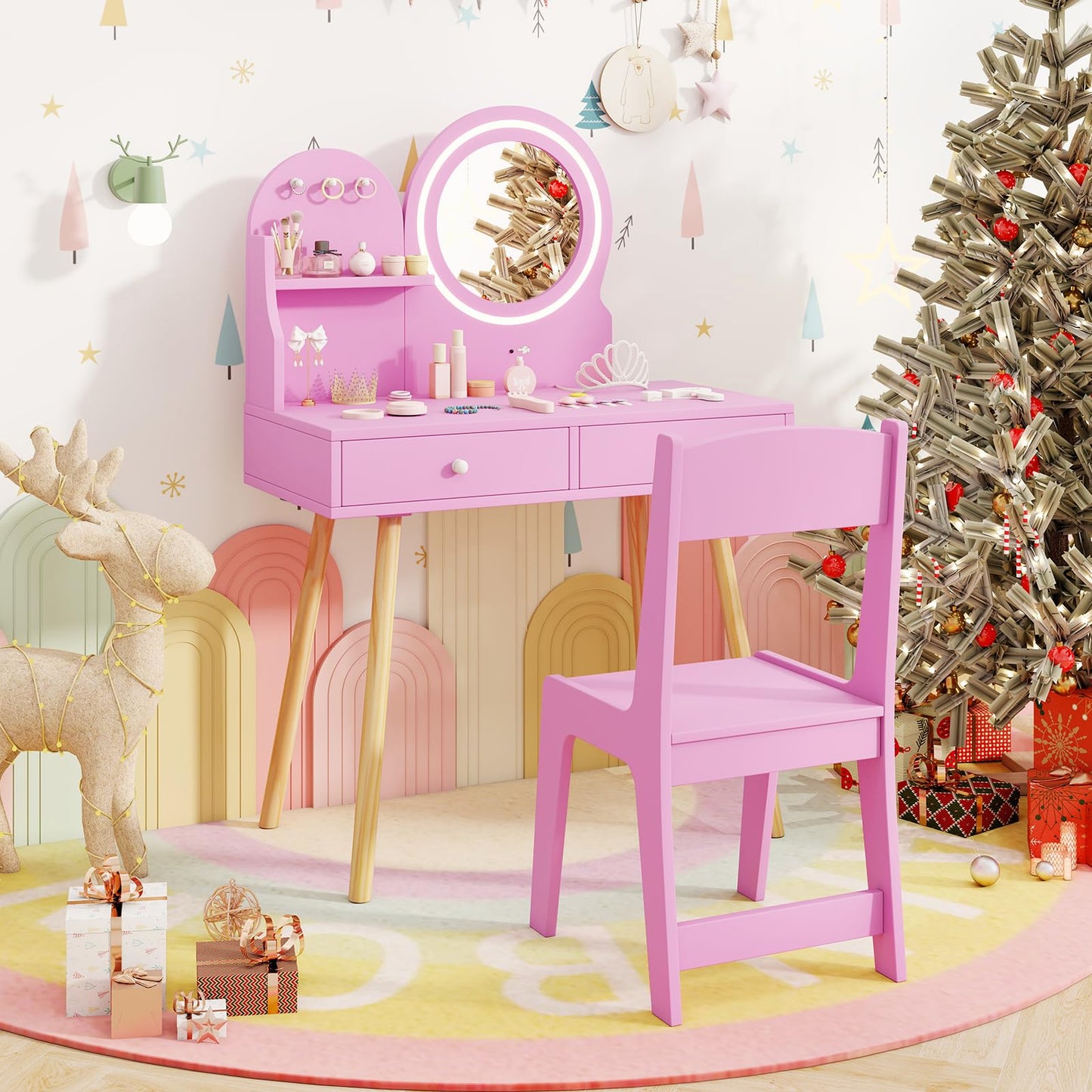 Wooden Kids Vanity Set with Lighted Mirror, Hooks and Storage Drawers