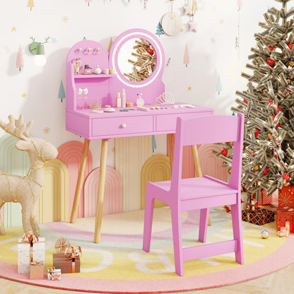 Wooden Kids Vanity Set with Lighted Mirror, Hooks and Storage Drawers